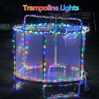 Multicolor solar rope lights along a garden pathway, railing and arch