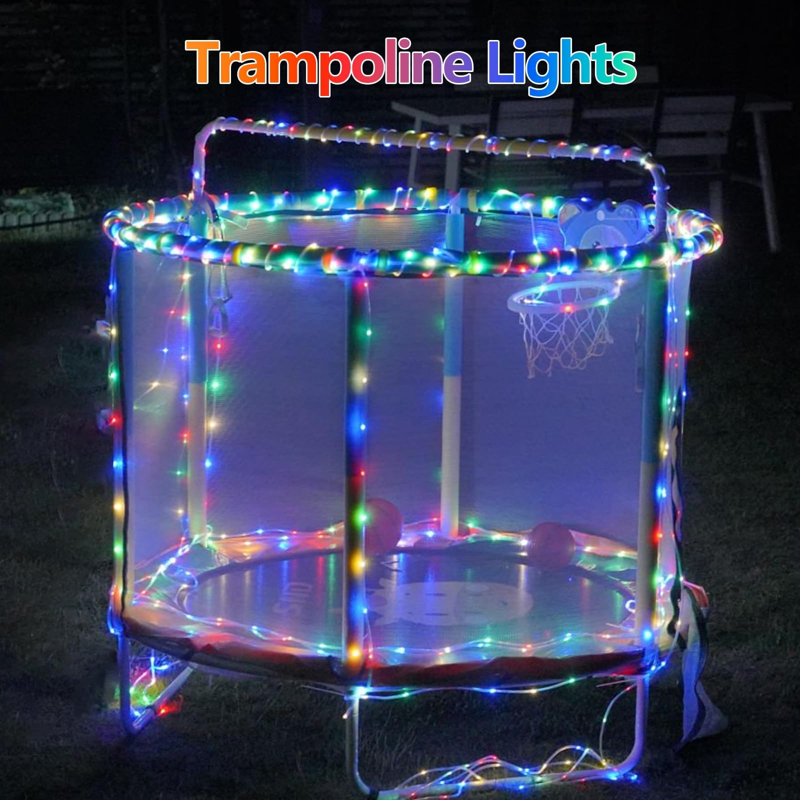 Multicolor solar rope lights along a garden pathway, railing and arch