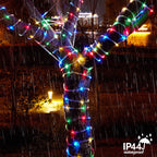 Multicolor solar rope lights decorating stairs, fence and patio