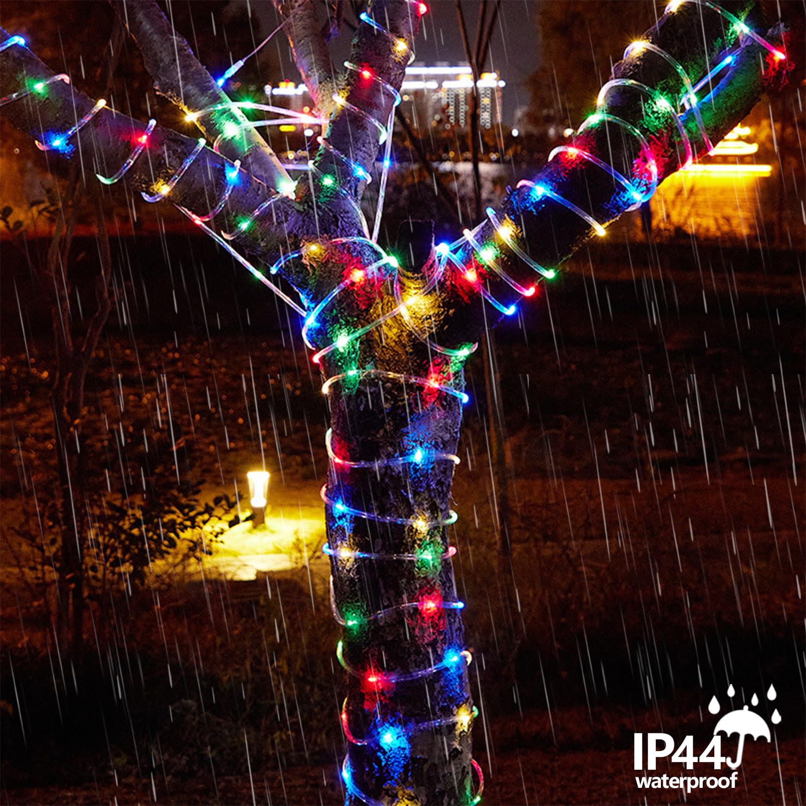 Multicolor solar rope lights decorating stairs, fence and patio