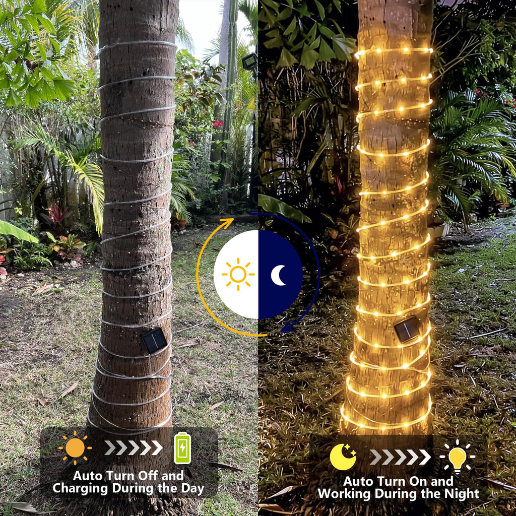 Warm White solar rope lights auto-charging by day and glowing at night