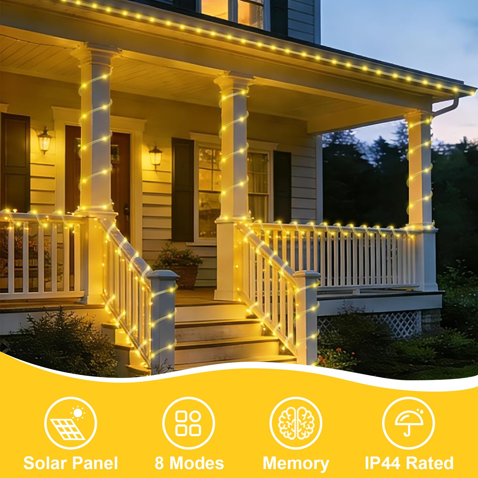 Warm White solar rope lights feature icons: solar panel, 8 modes, memory, IP44 rated