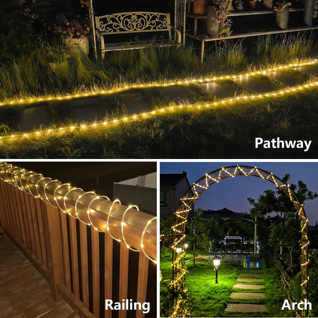 Warm White solar rope lights along a garden pathway, railing and arch