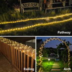 Warm White solar rope lights along a garden pathway, railing and arch