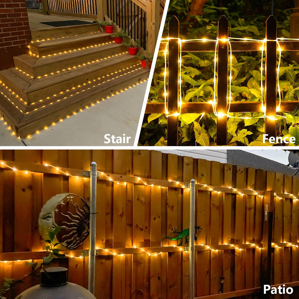 Warm White solar rope lights decorating stairs, fence and patio