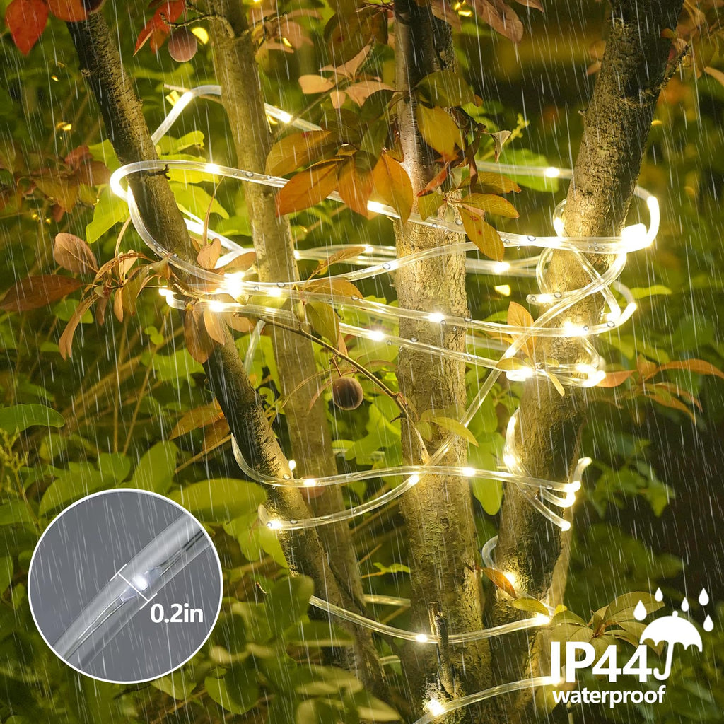 Warm White IP44 waterproof solar rope lights, clear 0.2in tube detail