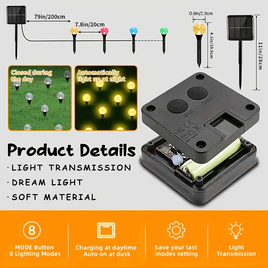 Solar crystal bubble ball garden stake lights product structure diagram showing solar panel, ground spike, and LED bubble ball string