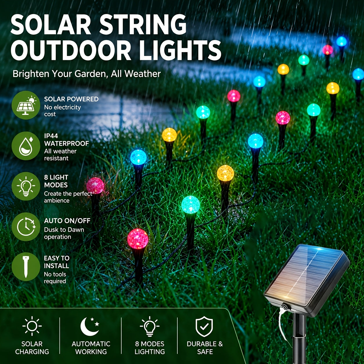 Multicolor solar crystal bubble ball stake lights in garden at night